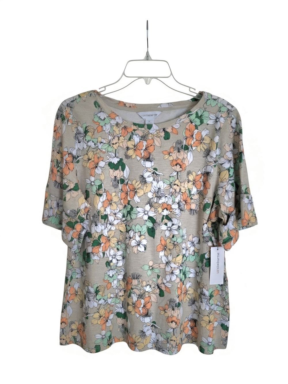 Liz Claiborne Floral Short Sleeve Tee in Beige, Orange & Green - Picture 3 of 9